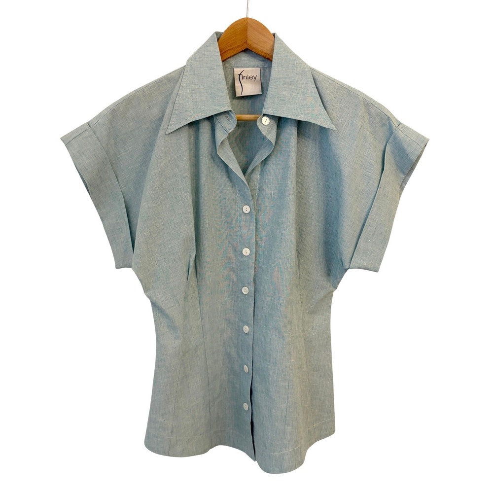 Finley Button Up Blouse Shirt S Fitted Princess Seam Tailored Hemp Cotton Cuffed